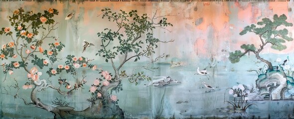 3d wallpaper design with branches, birds and flowers for digital wall print. AI generated illustration