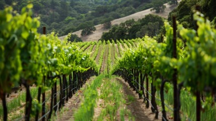 A peaceful serene scene of an organic vineyard with rows of leafy vines stretching into the distance.