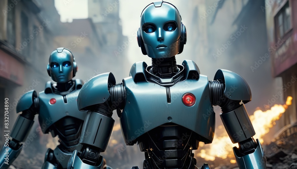 Poster two humanoid robots standing in a desolate, war-torn cityscape with buildings engulfed in flames in 