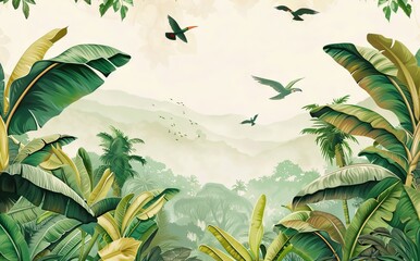 Modern wallpaper. Watercolor jungle illustration. Crane bird elements, watercolor painting, children's wallpaper. Hand-drawn plants. AI generated illustration