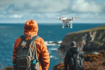 Hikers Operating Drone Over Coastal Landscape