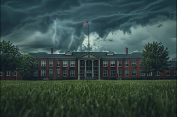 welcome back reunion banner fluttering over a two-storey american high school with grass out front and a storm brewing 