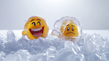 A photorealistic 3D visualization of a laughing emoji and a sad emoji as ice sculptures on a solid frosty white background, emphasizing transience.