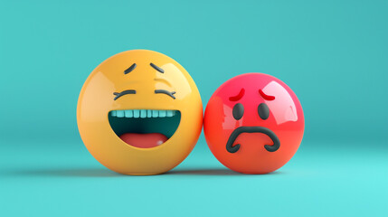 Fototapeta premium A photorealistic 3D of a topaz laughing emoji next to a pastel red sad emoji, both on a solid cyan background, highlighting the contrast between warmth and coolness.
