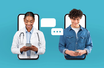 A doctor and a young man engage in a virtual consultation through their smartphones. The doctor...
