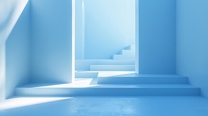 Minimalistic blue architectural interior with geometric shapes, stairs, and light playing with shadows creating a serene and modern aesthetic.