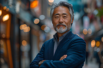 Obraz premium Confident senior Asian businessman with grey hair and beard, standing with folded arms in a dynamic urban street, exemplifying professional achievement and modern business lifestyle