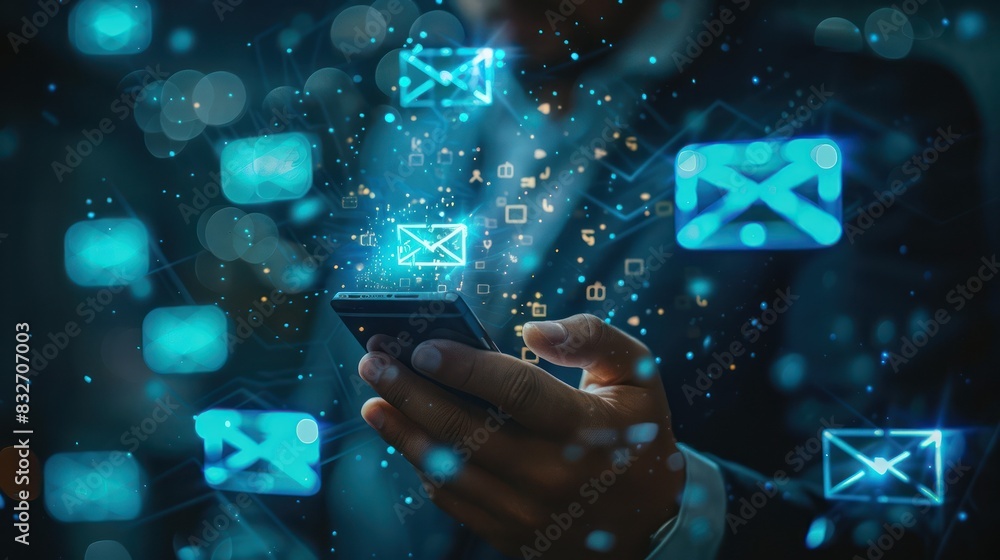 Poster person using smartphone with digital email icons hovering around, representing communication technol