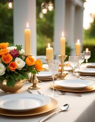 Fototapeta premium A beautifully arranged outdoor dinner table featuring elegant white and gold place settings, crystal glassware, and a vibrant floral centerpiece. Lit candles enhance the warm, inviting atmosphere.. AI