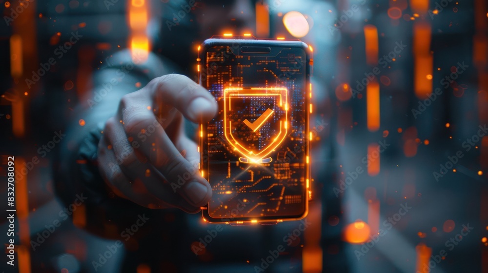 Poster a person holding a smartphone displaying a security shield symbol, signifying cybersecurity and data