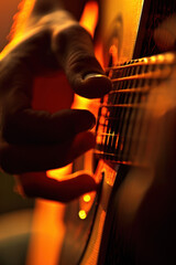 Fototapeta premium Hand Playing Guitar in Warm Light, Celebrate the diversity of Music : La Fête de la Musique.