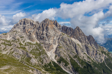 Dolomites beautiful mountain landscape on a sunny day. Hiking in the Alps in Italy, South Tirol mountain range of Alpi Dolomiti di Sesto near Cortina di Amprezzo and Tre Cime di Lavaredo alpine scene