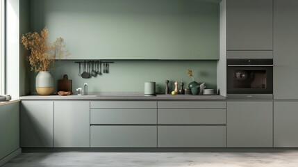 a modern kitchen with soft gray cabinetry paired with sage green walls or accents, creating a serene and organic ambiance