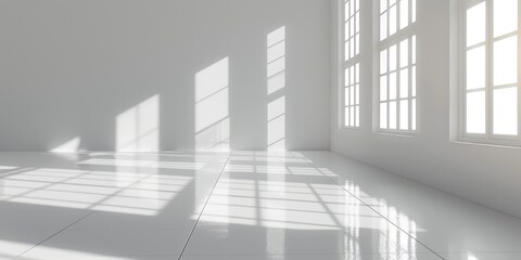 Obraz premium Bright, empty, white room with large windows casting natural sunlight and shadows on the glossy floor. Minimalist architectural interior design.