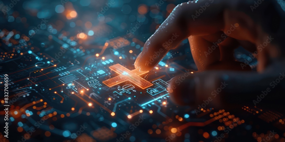 Aufkleber close-up of a hand interacting with a digital interface, representing technology and innovation in a