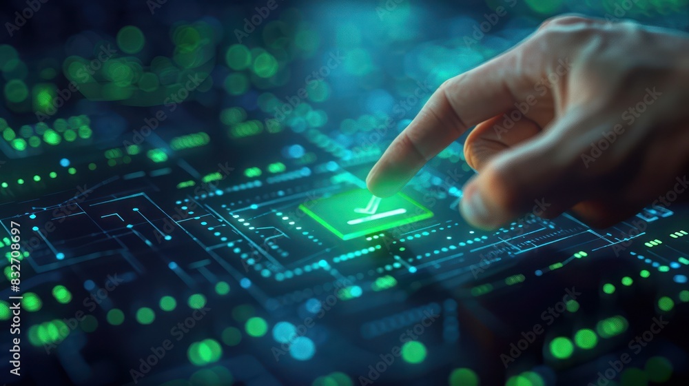 Poster close-up of a hand interacting with futuristic technology interface, emphasizing innovation and digi