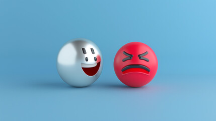 A photorealistic 3D  of a silver laughing emoji next to a pastel red sad emoji, both on a solid royal blue background, emphasizing depth of feeling.