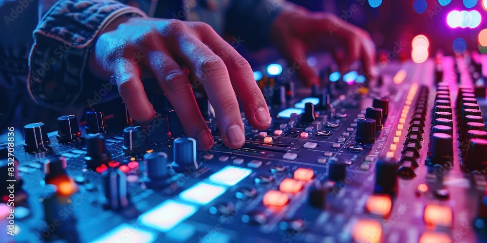 Poster close-up of a sound engineer's hands adjusting audio mixer in a music studio with colorful lights in