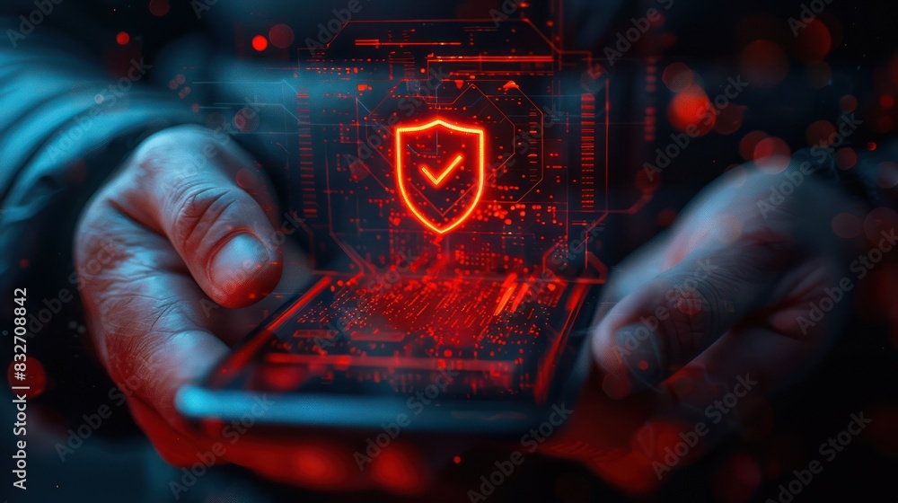 Poster close-up of a person's hands holding a smartphone with a glowing red shield symbol, representing cyb