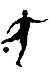 A soccer players silhouette demonstrates a dynamic athletic pose as they kick a ball