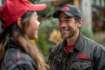 Happy delivery workers talking outside in uniform