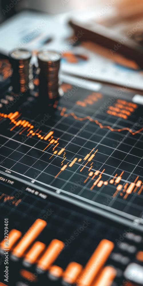 Poster financial data and stock market analysis on a computer screen with graph and coin stacks, representi