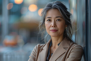 Obraz premium Mature Asian businesswoman with grey hair, confidently smiling with arms crossed in a dynamic urban setting, showcasing professional confidence and modern elegance