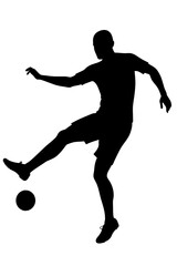A soccer players silhouette demonstrates a dynamic athletic pose as they kick a ball
