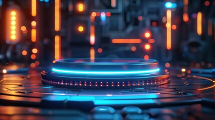 Futuristic technology circuit board with glowing blue and orange lights, showcasing advanced digital and electronic innovation.