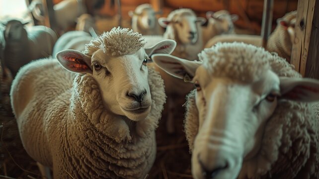 Sheep at farm. Head of lamb. Rural countryside. Farming agriculture