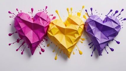 Heart shaped origami piece with color splashing