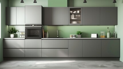 a modern kitchen with soft gray cabinetry paired with sage green walls or accents, creating a serene and organic ambiance