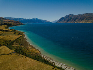 Serene lakeside with mountain backdrop
