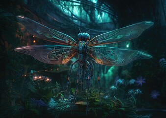 Fototapeta premium AI Robotic grasshopper in Futuristic Sci-Fi Neon Art | Cyberpunk Digital Illustration for Posters & Prints