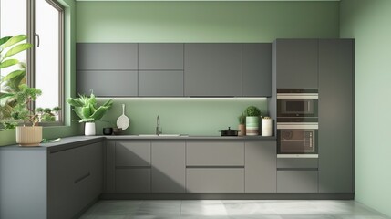 Fototapeta premium a modern kitchen with soft gray cabinetry paired with sage green walls or accents, creating a serene and organic ambiance