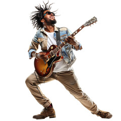 Dynamic and passionate male guitarist performing live concert with electric guitar on stage with energetic energy and enthusiasm. Wearing a stylish denim jacket. Afro sunglasses