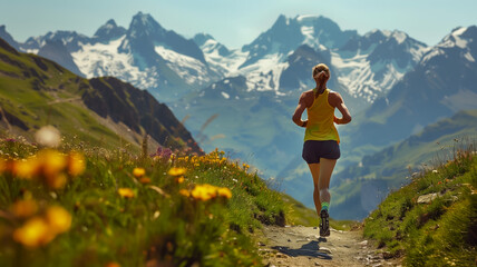 Naklejka premium Woman trail running in alpine meadows with mountain backdrop