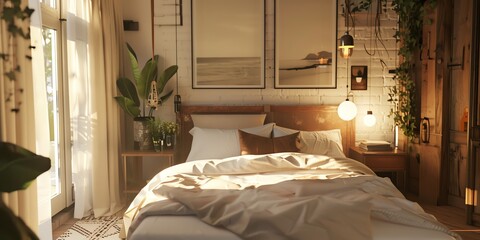 Bright and airy bedroom design in an apartment with a kingsize bed, soft linens, and warm lighting