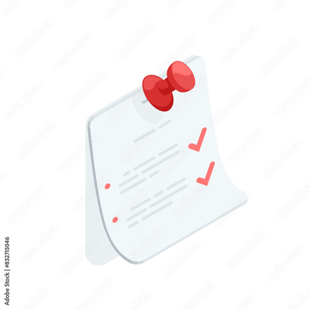Poster isometric vector paper sheet with a completed list pinned to the wall with a pin, in color on a whit