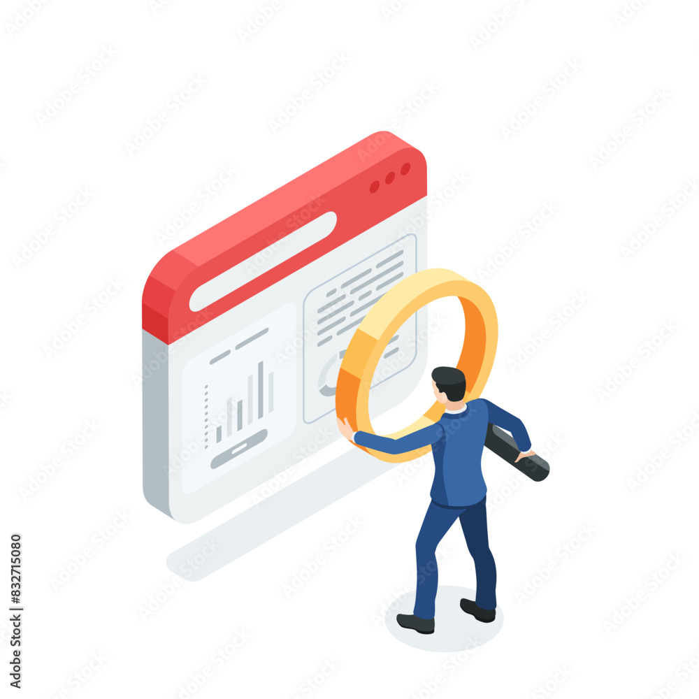 Poster isometric vector business man with a magnifying glass looking at data in an open tab of a computer w
