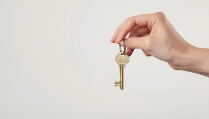 Real estate agent holding house key with trinket on white background, closeup
