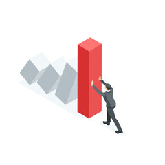 isometric vector business man holding a falling chart pole, in color on a white background, financial stabilization during a crisis or helping the economy