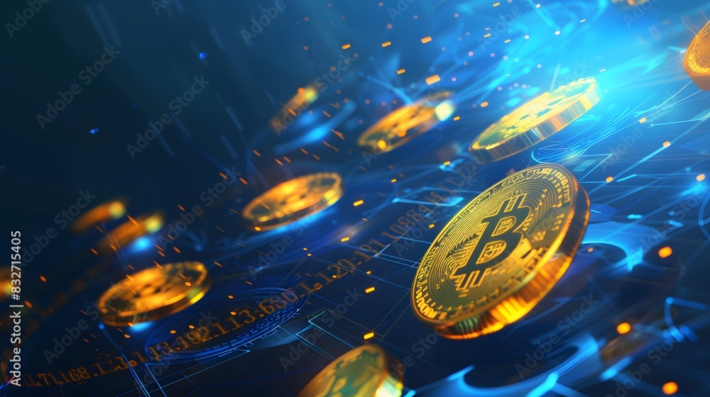 Aufkleber close-up of bitcoin cryptocurrency on a digital circuit, representing blockchain technology, digital