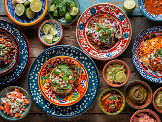 A table full of colorful Mexican dishes, including tacos, rice, and beans, on decorative plates and bowls.