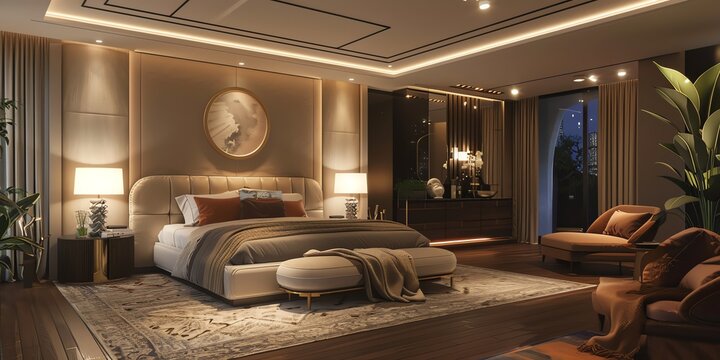 Chic master bedroom with a kingsize bed, stylish decor, and soft lighting