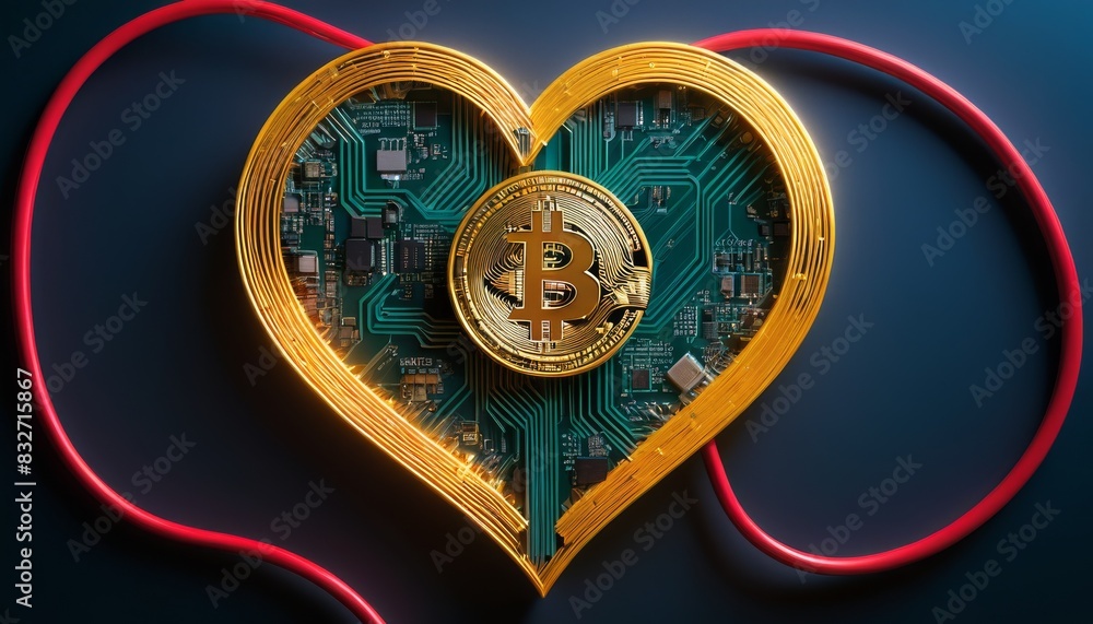 Poster a visually striking heart-shaped circuit board with a bitcoin at its center, encircled by red wires,