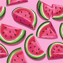 Seamless summer pattern with watermelon slices on a pink background in cartoon style