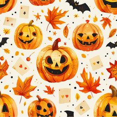 Seamless Halloween pattern with pumpkins and leaves on a white background in cartoon style
