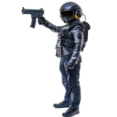 Digital illustration of a modern soldier in tactical gear and helmet holding a pistol, isolated on a transparent background