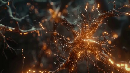 animation of a neuron cell, showing intricate connections and electrical signals passing through synapses